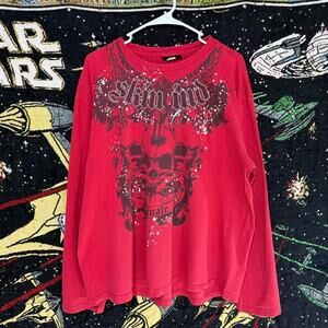 Y2K Grunge Red Skin Industries Affliction Type T-Shirt Skulls Size 2XL 25x27